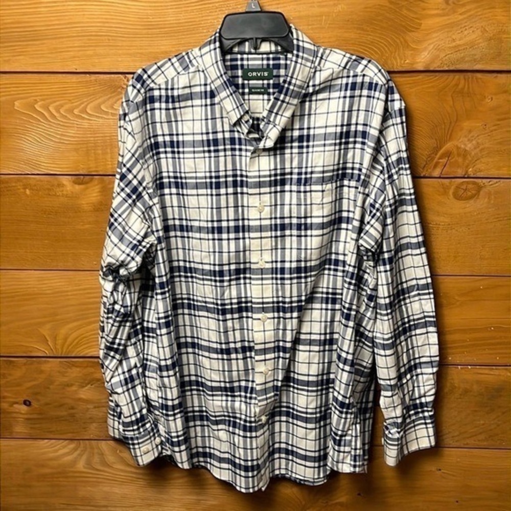 Orvis Mens Classic Fit Plaid Button Down Shirt Navy Blue White Stretch XL u